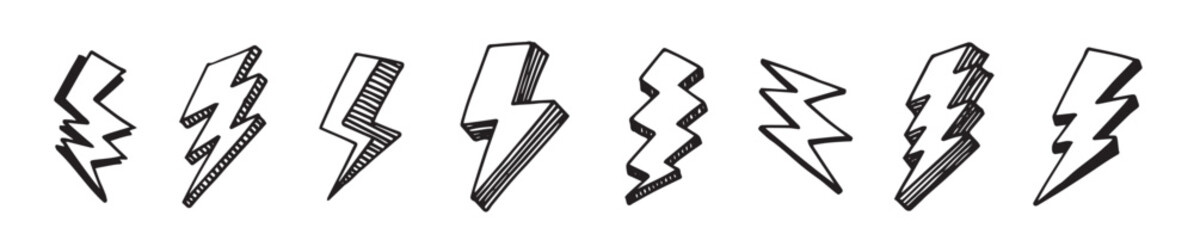 set of hand drawn vector doodle electric lightning bolt symbol sketch illustrations. thunder symbol doodle icon.