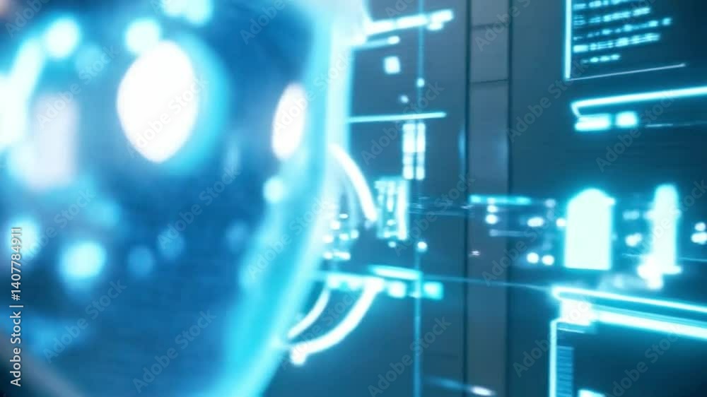 Poster A humanoid robot engages with advanced digital displays, focusing on training and scientific development within a corporate setting. The scene highlights cutting-edge technology and innovation.