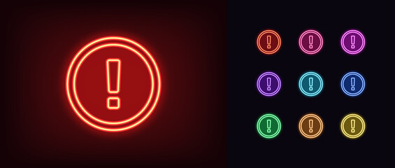 Outline neon exclamation sign set. Glowing neon warning icon with exclamation mark, round caution sign. Risk attention icon, error caution, alarm, important message, danger alert sign. Vector icons