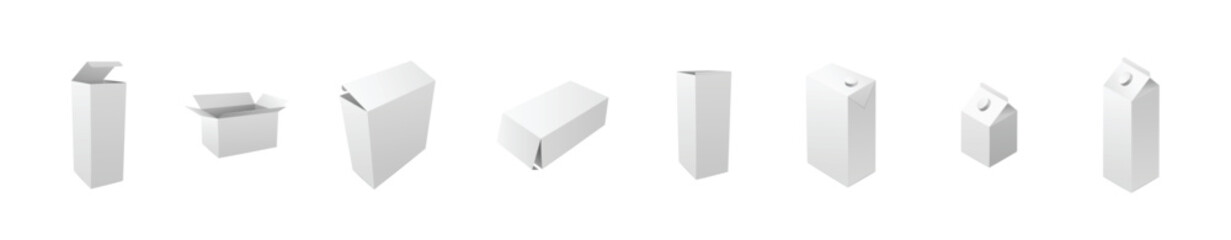Set of realistic vertical tall cardboard rectangular cosmetic or medical packaging, paper boxes. Milk and juice boxes. Realistic mockup of a tall white cardboard box, 3d blank templates