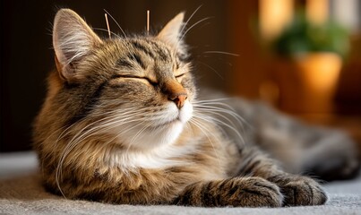 Cat enjoys acupuncture treatment, basking in sunlight with closed eyes and serene expression