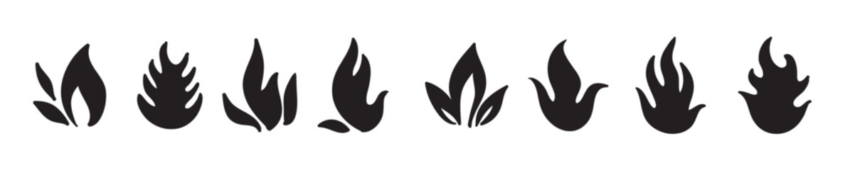 Collection of hand drawn fire icons. Fire Flames Icons Vector Set. Hand Drawn Doodle Sketch Fire, Black and White Drawing. Simple fire symbol.