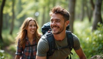 Fototapeta premium A cheerful man and woman are hiking together in a vibrant green forest, radiating happiness and adventure. Their smiles reflect the joy of exploring nature, showcasing a perfect blend of companionship