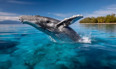 Obraz premium Humpback whale leaping out of clear, blue ocean water near a tropical island