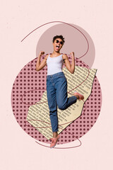 Vertical art 3d creative image collage of happy girl dance relax party celebration event chill holiday weekend chill occasion