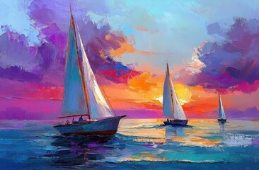 Impressionist Seascape Painting of Sailboats on Colorful Sea at Sunset