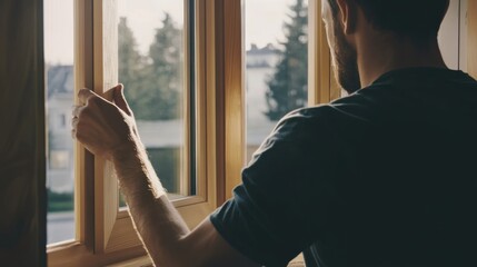 Carpenter assembling a wooden frame for a custom window. Featuring craftsmanship and woodworking