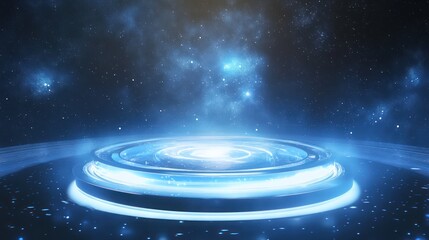 Fototapeta premium Futuristic glowing platform floating in front of a starry night sky