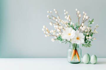 Easter Floral background, Elegant Cream Floral Bouquet with Carrots in Glass Vase, with Easter Eggs