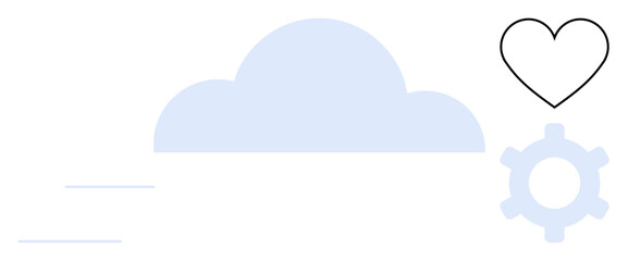 Cloud with motion lines, white heart, and gearwheel combine technology, love, and connection. Ideal for innovation, cloud computing, efficiency, teamwork emotions sustainability flat simple
