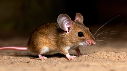 Small brown mouse on sand, dark cave background, wildlife, close-up