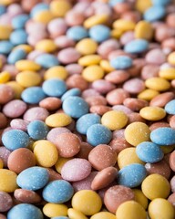Colorful candy pieces close up, scattered array of sweet treats in pastel colors, perfect for desserts and confectionery.