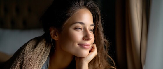 Fototapeta premium Smiling woman gazes through the window, light on her face and resting on her hand. Hair flowing freely