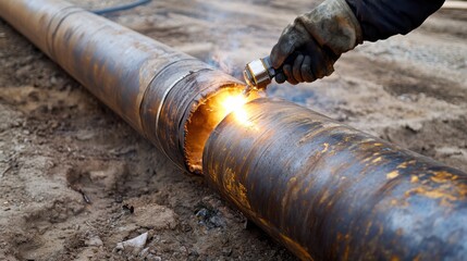 Welder working with a torch on metal pipes. Featuring welding and industrial metalwork