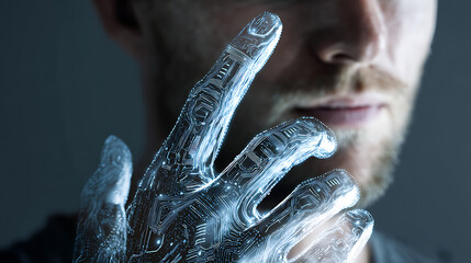 Man With Digital Circuit Hand Reaching Futuristic Technology Connection Representing Modern Connectivity And Technological Advancement Demonstrating Human Integration With Advanced Systems