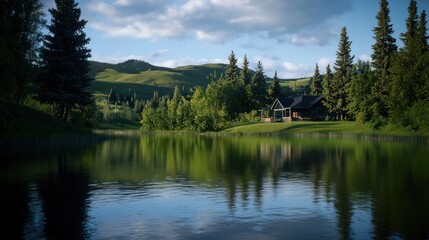Obraz premium Serene mountain cabin reflecting on tranquil pond