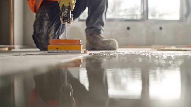 Construction worker using a laser level for floor alignment. Featuring precision and accuracy