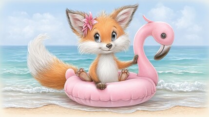 Fototapeta premium A cute fox character sits on a pink flamingo float in the water, enjoying a sunny day at the beach with a flower in its ear.