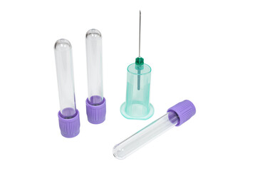 Vacuum test tubes for blood samples collection and dicposable needle holder on a white background