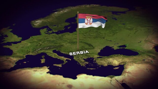 The Flag of Serbia on the World Map, Serbia map with flag 3d animation