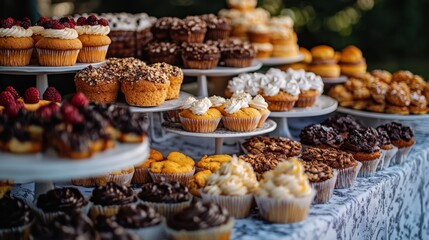 colorful fundraiser bake sale table featuring a variety of delicious homemade treats including cookies cupcakes brownies muffins pastries and cakes with a blurred background