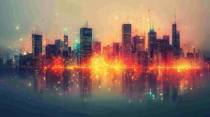 Fototapeta premium Vibrant city skyline at sunset with glowing lights reflecting on the water surface