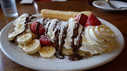 A banana split topped with whipped cream, fresh raspberries, and drizzled with chocolate sauce, served on a white plate.