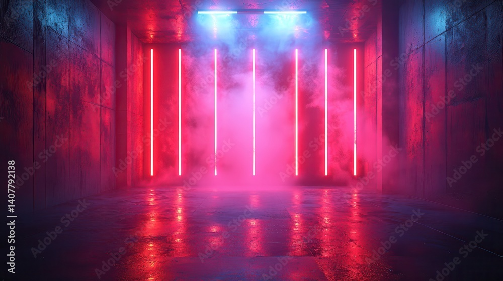 Poster a 3d rendering of a futuristic neon lit club stage in a dark grungy garage with concrete walls and a