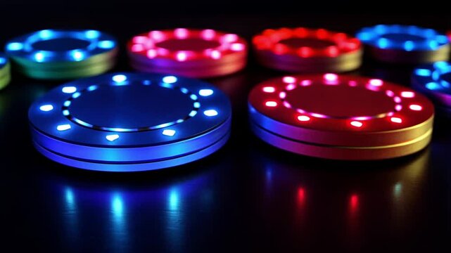 Colorful illuminated gaming tokens arranged on a dark surface with a blurred background