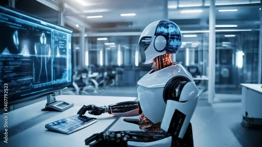 Poster A humanoid robot is focused on a large computer screen, analyzing data and engaging in training for science and development tasks within a high-tech corporate environment.