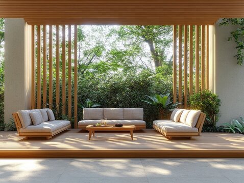 Minimalist Outdoor Living Area with Wood Slats and Natural Light Diffusion