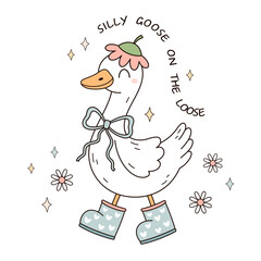 Silly goose on the loose. Silly goose meme shirt. Cute silly goose. Farm animal hand drawn vector illustration in flat style	
