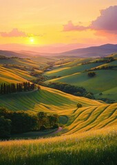 Naklejka premium Sunset Over Rolling Hills in the Tuscan Countryside
