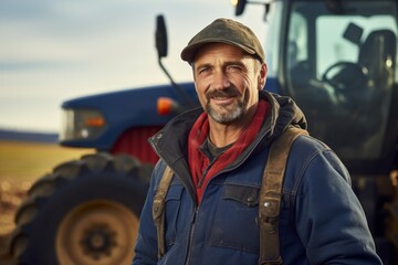 Fototapeta premium smiling middle aged female farmer standing next to his tractor with a farm in the background