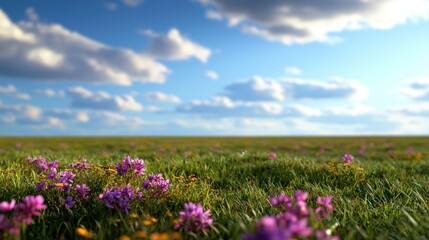 Spring meadow, wildflowers, bright sky,  peaceful rural landscape