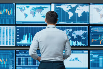 Fototapeta premium A man analyzes data on multiple screens in a modern office environment.