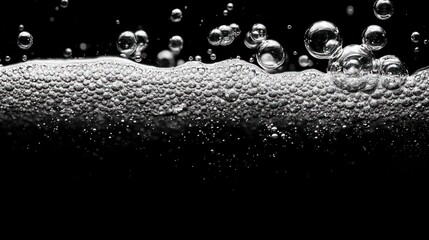 Fizzy bubbles in soda water splashing underwater with high contrast black background and minimalist design
