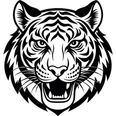 Aggressive Roaring Tiger Head Black and White Vector Illustration