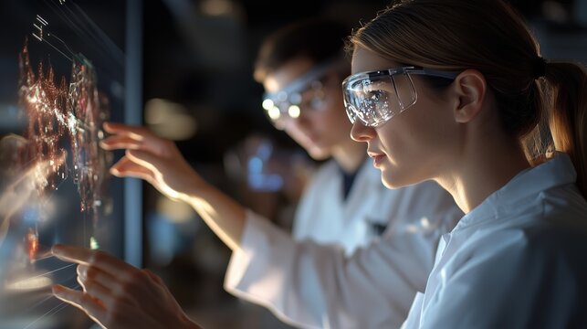 Scientists analyze data on a digital interface in a laboratory while wearing protective eyewear