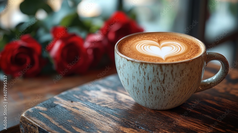 Poster a cappuccino cup with a heart on milk foam stands on a table in a cafe with red roses in the backgro
