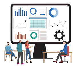 Business Team Analyzing Analytics Dashboard Flat Vector Illustration. Corporate Team Presentation with Data on Large Screen Data Analysis Concept. Team Reviewing Charts and Graphs on Big Display.