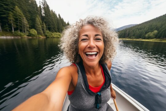smiling middle aged woman taking a selfie while in a lake with a forest background
