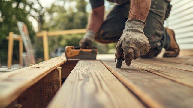 Carpenter building a wooden deck in a backyard. Featuring skill and precision
