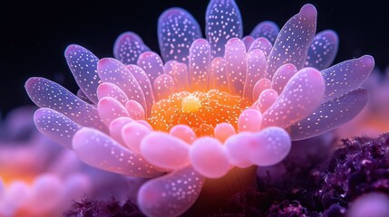 Fototapeta premium a close up of a delicate translucent sea anemone with soft glowing tentacles against a purple gradient background,stock image