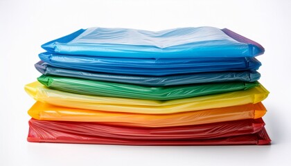 stack of different colored plastic bags neatly arranged and isolated on a white background