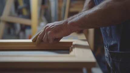 Carpenter building a wooden frame for a large mirror. Featuring wood framing and custom furniture making