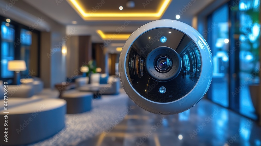 Poster a close up of a wireless cctv camera installed in a smart home integrated with mobile phone technology for real time monitoring,stock image
