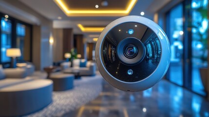 a close up of a wireless cctv camera installed in a smart home integrated with mobile phone technology for real time monitoring,stock image