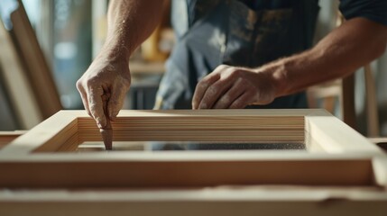 Carpenter building a wooden frame for a large mirror. Featuring wood framing and custom furniture making