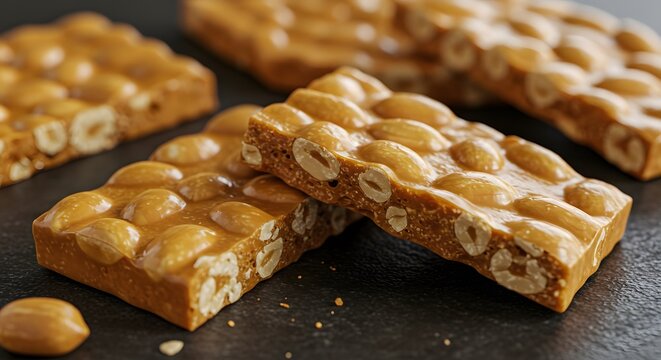 Barras de nozes crocantes empilhadas, com am&ecirc;ndoas inteiras incrustadas em uma base de caramelo, p&eacute; de moleque